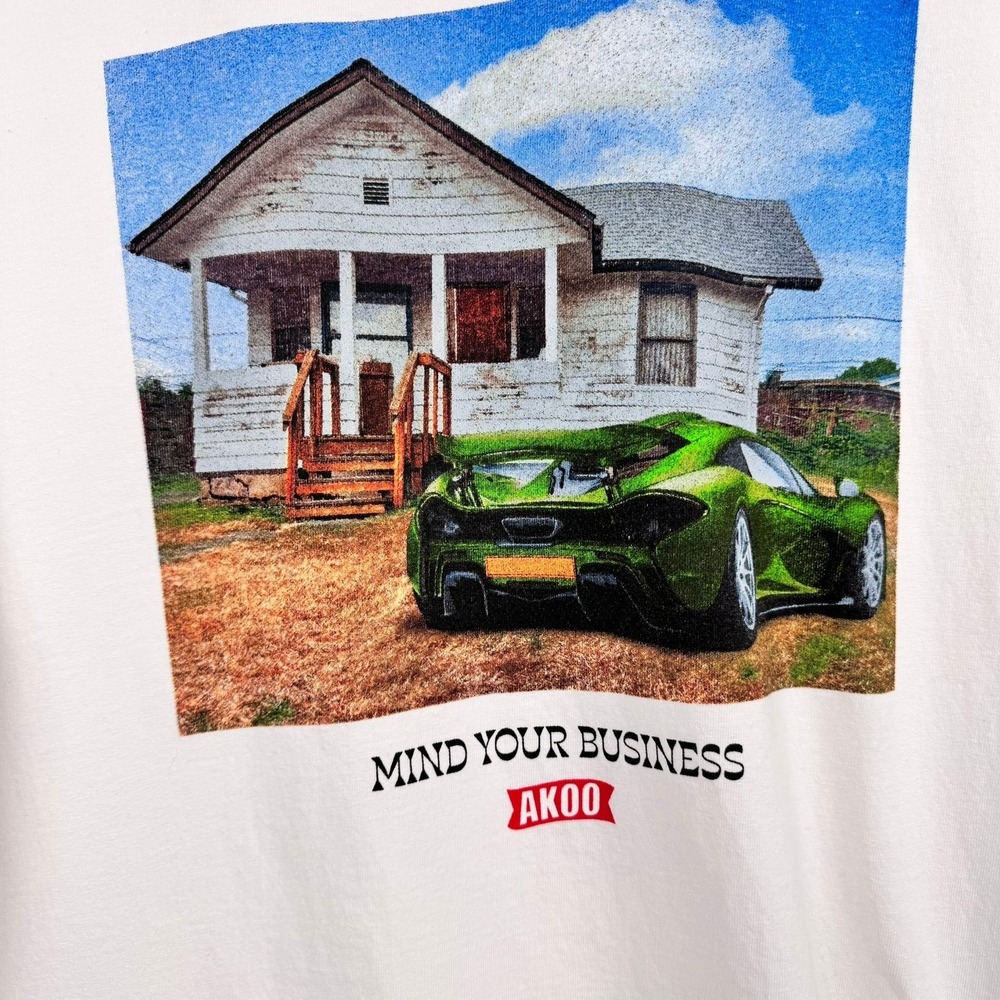 AKOO Mens White Graphic T Shirt Mind Your Business Green Car House Print Size XL - Picture 2 of 6